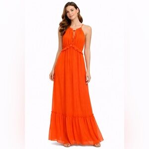 She + Sky Orange Maxi Dress High Waist Ruffle Hem Adjustable Straps Medium